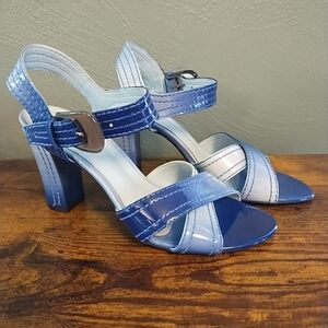 Franco Sarto Strappy Sandals Women's 6M Buckle Blue Ombre Shoes Chunky Heel